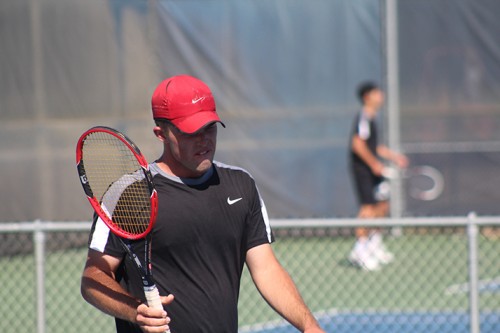 Foothill College's Braden Holt reacts after missing a shot during a match against American River College's Cody Duong at the NorCal Tournament Final on April 16, 2016 at ARC. Holt lost the match 6-4, 5-3 as ARC went on to become NorCal Champions. (Photo by Mack Ervin III)