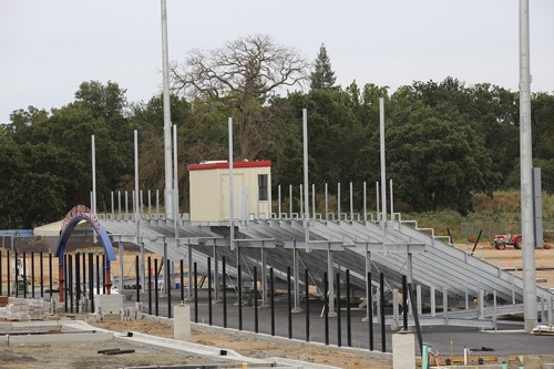 Construction of the bleachers and press box for the upcoming American River College soccer stadium. The stadium will be completed in the the fall of 2016 and will seat 1000. (Photo by Kyle Elsasser)
