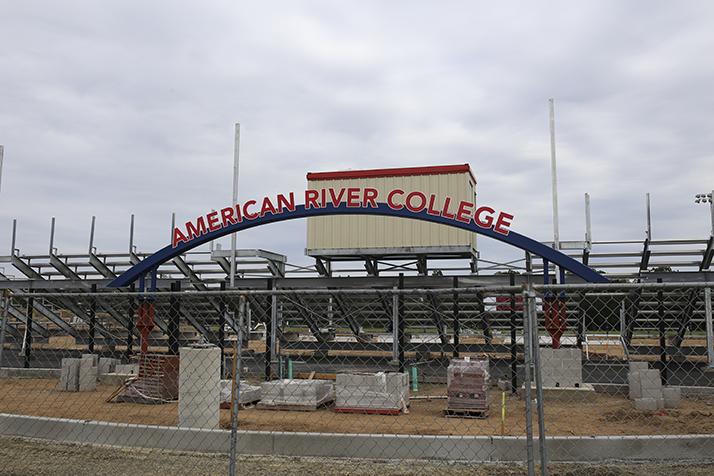 Construction of the entrance to the new American River College soccer stadium. The stadium will be completed in the the fall of 2016 and will seat 1000. (Photo by Kyle Elsasser)