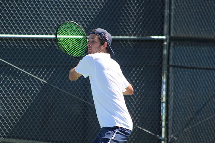 American River Colleges TJ Aukland prepares to swing at a ball during a game against Santa Rosa Junior College on March 15, 2016 at ARC. Aukland and his partner Cody Duong won the game 8-1.(Photo by Mack Ervin III)