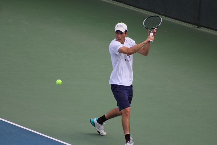 American River Colleges Seppi Capaul returns a ball during a match against Trevor Samuda of Chabot College on April 12, 2016 at ARC. Capaul won his match 6-1, 6-3. (Photo by Mack Ervin III)