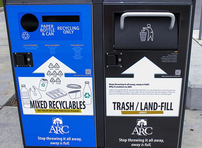 Two new Big Belly units sit on the American River College campus. The 14 Max-R recycle stations  and two Big Belly stations were installed around campus between February and March 2016. (Photo by Itzin Alpizar).