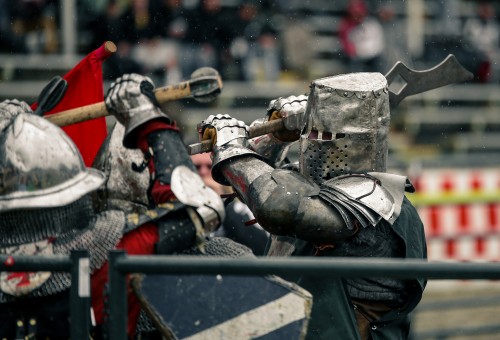 The Northwest region "WolfPack" battles with the USA Knights during the Armoed Combat League U.S. national championship held at the Auburn Fairgrounds on Mar. 5. The USA Knights are a U.S. all-star team and are set to compete in the world championships on May 26. (Photo by Kyle Elsasser)