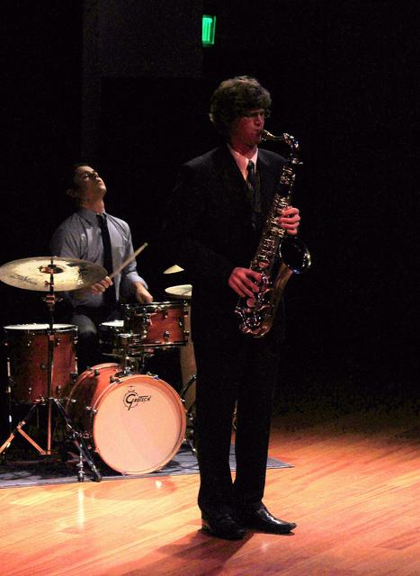 Tenor Sax played by Nick Stephanyshyn, and Drrums played by Anthony Johnson. Performing at the Applied Music Recital. ( Photo By Nicole Kesler)