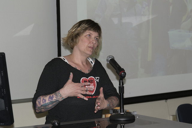 Jenny Woods discusses the sexual health education program from Capital City AIDS Fund during the college hour May 5. (Photo by Joe Padilla)