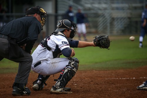 ARC catcher Matt Elliott catches a pitch vs West Valley. ARC was defeated by West Valley by the final score of 7-6. 1/28/16. (Photo by Kyle Elsasser)