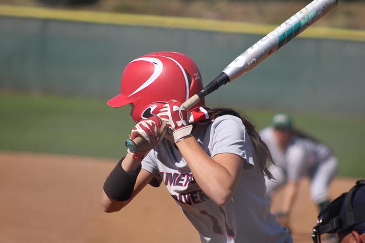 American River College centerfielder Stephanie Scott prepares to swing during a game against Diablo Valley College on April 23, 2016 at ARC. ARC won 7-6. (Photo by Mack Ervin III)
