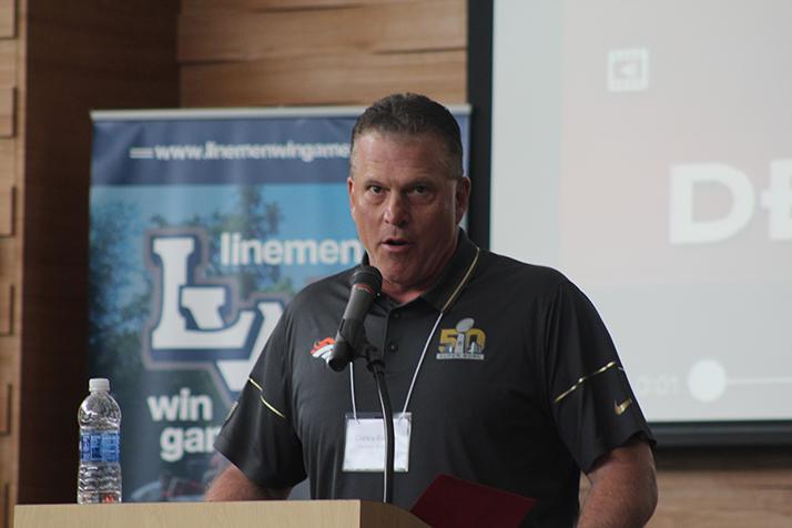 Denver Broncos offensive line coach Clancy Barone gives the keynote speech during a Linemen Win Games (LWG) coaches clinic on May 21, 2016 at American River College. LWG was founded and run by current ARC football coach Jon Osterhout in order to bring more exposure to linemen in football. (Photo by Mack Ervin III)