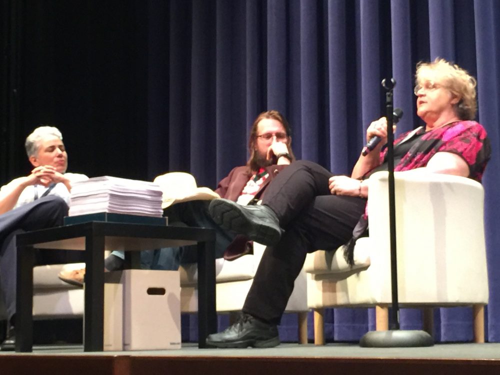 (Left to right) American River College English professors Cathy Arellano, Christian Kiefer and Lois Ann Abraham answer question after their readings at the first day of SummerWords. The creative writing festival is a four-day event that ends on Sunday. (Photo by Jordan Schauberger)