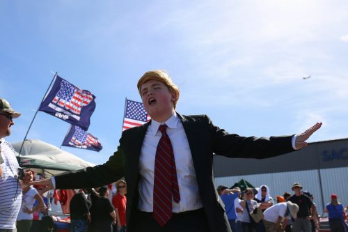 Blake Espino impersonates Donald Trump at Trump's rally in Sacramento, California on June 1, 2016. (Photo by Kyle Elsasser)
