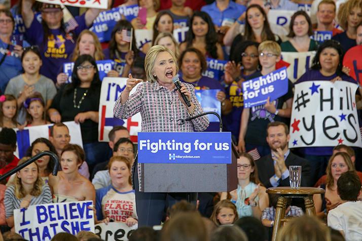 Presidential candidate Hillary Clinton speaks to the crowd during her campaign event at Sacramento City College in Sacramento, California on June 5, 2016. (Photo by Kyle Elsasser)