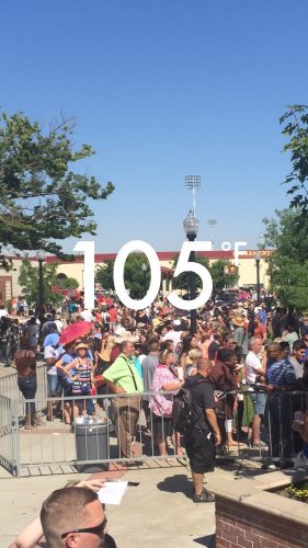 Attendees waited through triple digit heat to get into the Hillary Clinton rally in Sacramento.  (Photo by Jordan Schauberger)