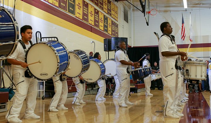 Members of the Grant High School drum line perform prior to Hillary Clinton’s campaign event at Sacramento City College in Sacramento, California on June 5, 2016. (Photo by Kyle Elsasser)