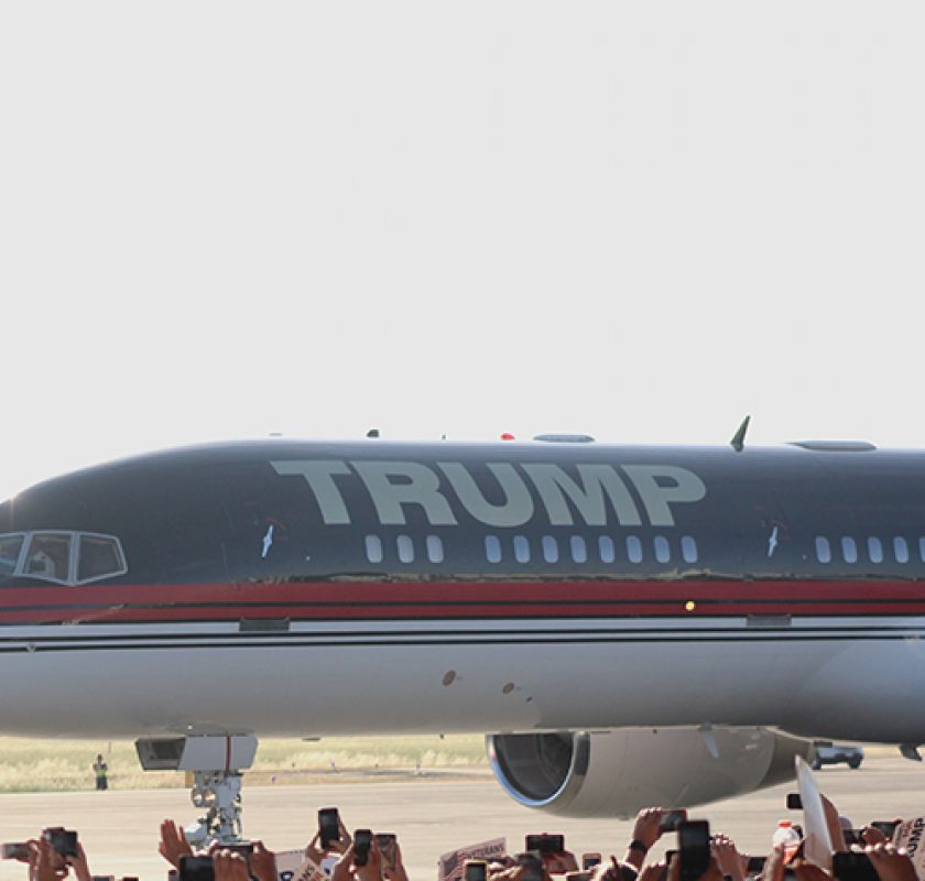 Donald Trump’s Boeing 757 plane taxis to the hangar where his campaign event was held in Sacramento, California on June 1, 2016. Trump emerged from his plane and proceeded straight to the podium to give his speech. (Photo by Mack Ervin III)