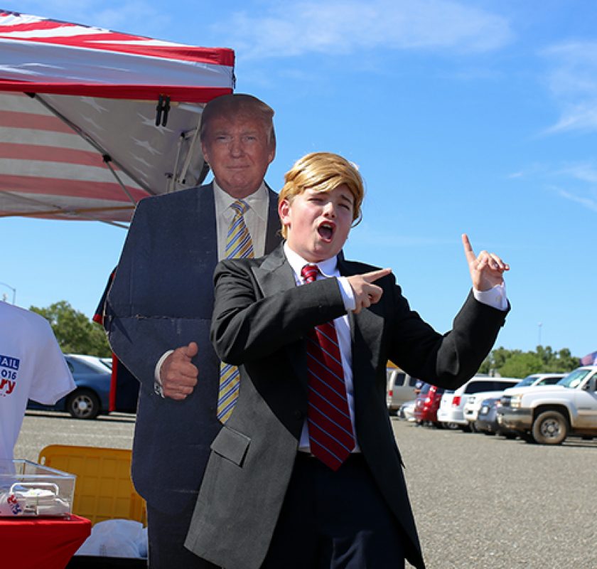 Blake Espino impersonates Donald Trump at Trump’s rally in Sacramento, California on June 1, 2016. (Photo by Kyle Elsasser)