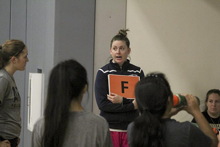 New American River college women’s volleyball head coach Carson Lowden explains a new signto her players during a team practice on Aug. 25 at ARC. Lowden’s first game in charge is on Aug. 26 against Lassen College. (Photo by Mack Ervin III)
