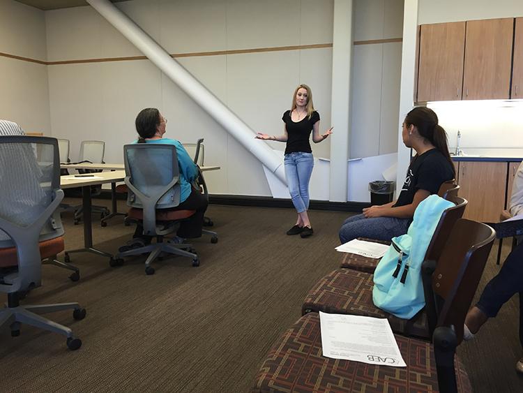 Ashlee Nicholson (center), Director of Activities, speaks at an American River College Clubs and Events Board meeting on Aug. 30th, 2016. Welcome Day was discussed during the meeting. (Photo by Jared Smith)