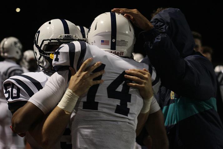 American River College linebacker Joseph Gardner and wide reciever Daliceo Calloway celebrate on the sidelines following Calloways game winning touchdown during a football game against Diablo Valle College on Friday Sep. 1 at DVC. ARC won 23-20. (Photo by Laodicea Broadway)