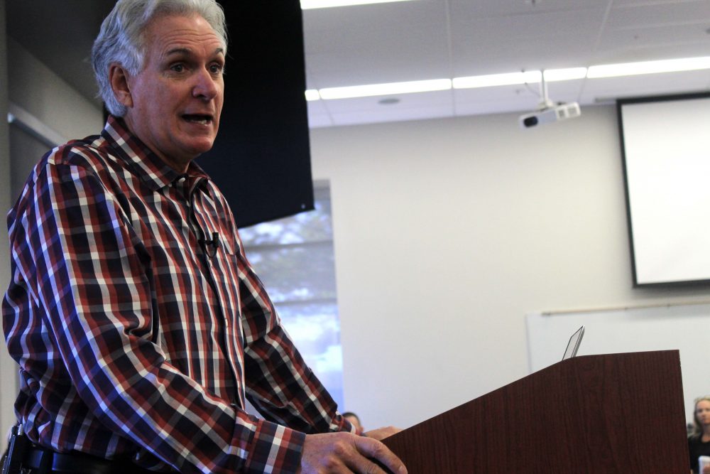 Comedian Jack Gallagher speaks about autism by sharing his experience as a father with a son who has autism to a group of educators in Community Rooms 1-4 at American River College on September 23, 2016. Gallaghers son Liam, who has autism, is 21 and attends Sacramento City College (Photo by Robert Hansen)