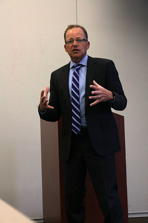 Special Agent of 25 years, Steve Dupre, tells American River College students about a FBI internship program in community rooms three and four on Wednesday from 12 to 1 p.m.  (Photo by James Saling)