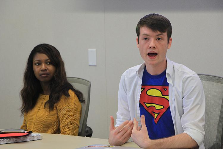 Senate President Valencia Scott (left) and CAEB President Justin Nicholson at the Sept. 13 CAEB meeting, CAEB discussed Club Day and the ASB film festival. (Photo by John Ennis)