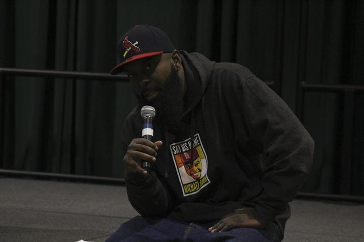 Michael Brown Sr. answers a question from audience member after his speech at Sacramento State on Oct. 20. Brown Sr. talked about his sons death and how he deals with the aftermath. (Photo by Mack Ervin III)