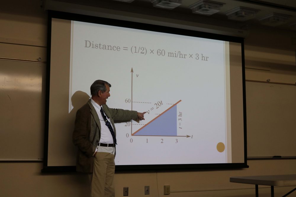 Professor Barcellos gives instruction about the distance with miles and hours at the October 6 College Hour. (Photo by: Cierra Quintana)