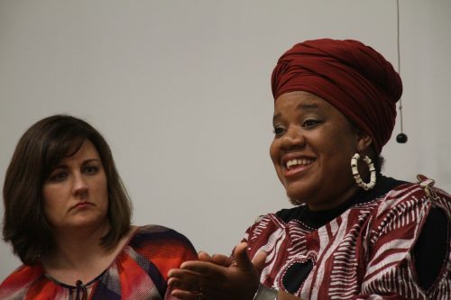Brandy Liebscher (left) listens to Danielle Williams as she talks about the church’s role in the Black Lives Matter era, during the Faith Covenant Community Church’s panel at American River College on October 17, 2016. (Photo by Jordan Schauberger)