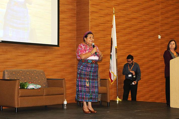 Nobel Peace Prize winner Rigoberta Menchu speaks at American River College in the Cafeteria on Oct. 3. The event only allowed students and faculty, as well as invited guests, who had made a reservation  attend.(Photo by John Ennis)