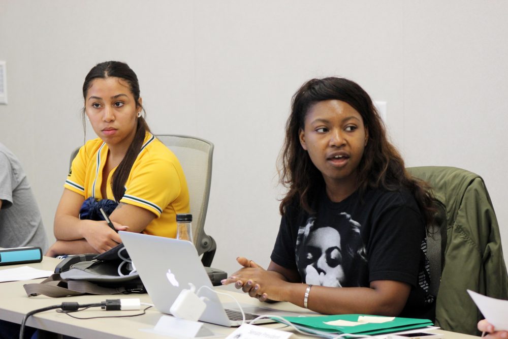 American River College Student Senate President Valencia Scott (right) with Vice President Alejandra Hilbert (left) delivers her opening message at the September 29, 2016 meeting in the board room. (Photo by Robert Hansen)