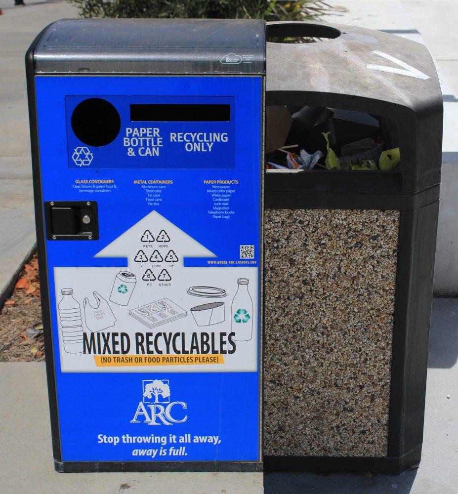 A++recycle+station++and+a+trashcan+both+near+the+Student+Center+on+Oct.+13.+A+recent+audit+by+sustainability+at+ARC+found+the+campus+could+not+meet+the+goal+of+75+percent+diversion+by+the+year+2020.+%28Photo+by+Robert+Hansen%29