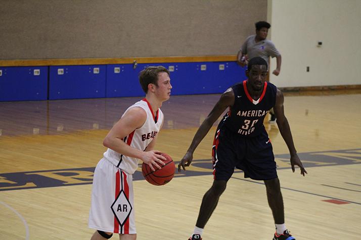 American River College guard Matt Lyon is guarded by forward Dontay Anderson during a scrimmage on Nov. 8, 2016 at ARC. The team’s planned game against William Jessup J.V. was cancelled due to eligibilty reasons. (Photo by Mack Ervin III)
