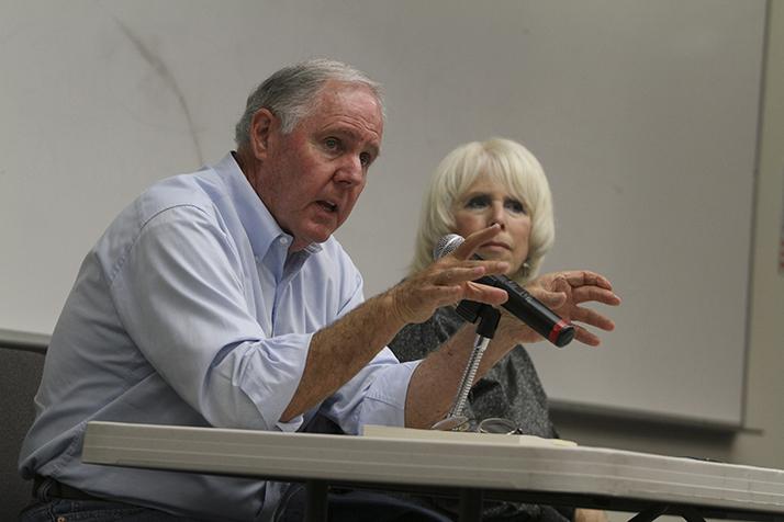 Authors Steve and Susie Swatt  talk about California politics during a College Hour speech on October 25, 2016 at ARC. The Swatts talked about historical propositions in relation to the 17 propositions on this year’s ballot. (Photo by Mack Ervin III)