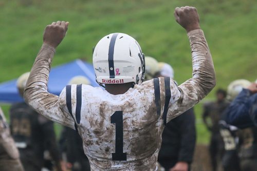 American River College wide receiver Torian Williams raises his hands in the air after a play during the NorCal Championship game against Butte College on Nov. 26, 2016 at Butte. Williams had 54 yards and the game winning touchdown reception as ARC defeated Butte 15-9 to win the championship. (Photo by Jordan Schauberger)