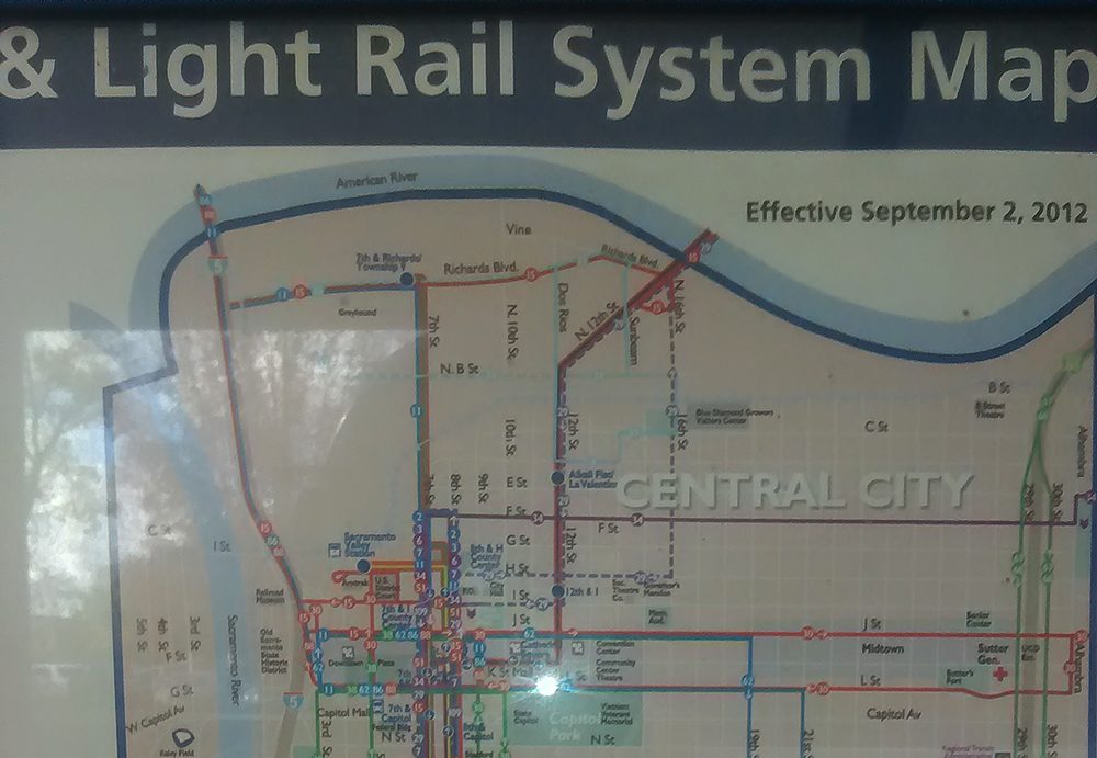 The lightrail system map is displayed at the American River stop on the Regional Transit system. (photo by James Saling)