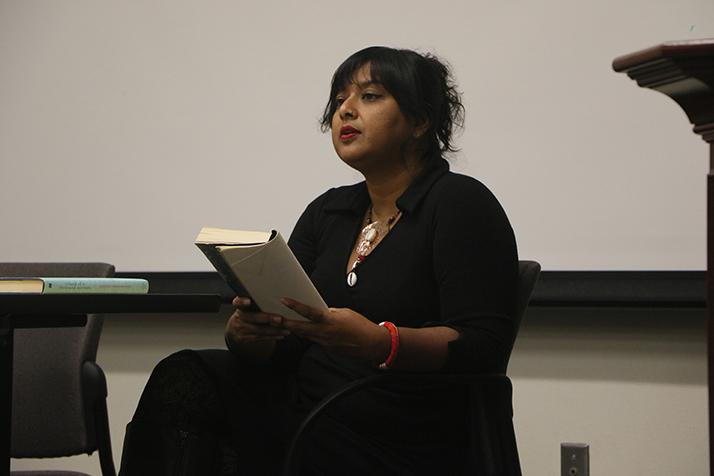 Sri+Lankan+novelist+Nayomi+Munaweera+reads+a+passage+from+her+book+%E2%80%9CWhat+Lies+Between+Us%E2%80%9D+during+a+College+Hour+at+ARC+on+Nov.+1%2C+2016.+Munaweera+talked+about+the+influence+she+recieved+for+writing+her+two+novels.+%28Photo+by+Mack+Ervin+III%29