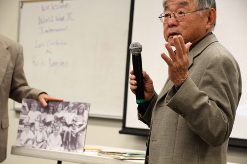 Lester Ouchida speaks about his experience living in Japanese internment camps during WWII to ARC students in Reaf 160 on Nov. 22, 2016. (Photo by Robert Hansen)