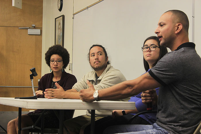 ARC students, left to right, Kinu Manabe, Jason Parsley, Whitney Butler and Jeremy Clodfelter, speak about what it is like being multi racial at the college hour on Thursday. (Photo by Cheyenne Drury)