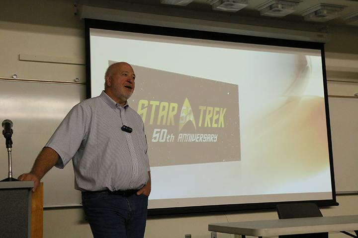 The English department asked Mr. Bob Lyman to host the college hour of star trek 50th anniversary on Novemeber 29th, 2016 in raef hall. (Photo by Cierra Quintina)