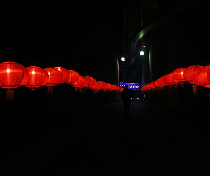 Lit up  balloons line a walkway at “Global Winter Wonderland” at Cal Expo on Sunday in Sacramento, Calif. (Photo by Cheyenne Drury)
