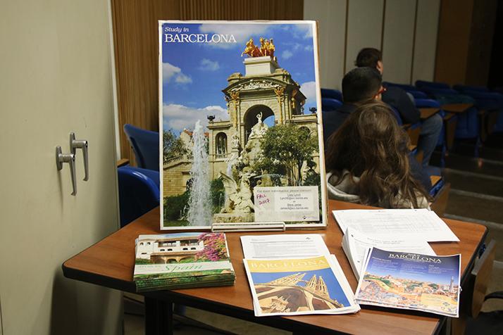 Flyers and handouts for the Barcelona study aborad program on display during a College Hour on Feb. 2, 2017 at ARC. The program takes place in Fall 2017 and applications are open now. (Photo by Mack Ervin III)