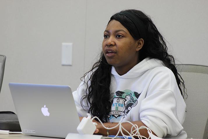 ASB Student Senate president Valencia Scott speaks during a Senate meeting on Feb. 16, 2017 at ARC. Topics discussed during the meeting included a parking fee increase, the creation of a meditation center, and funding for ASB elections. (Photo by Mack Ervin III)
