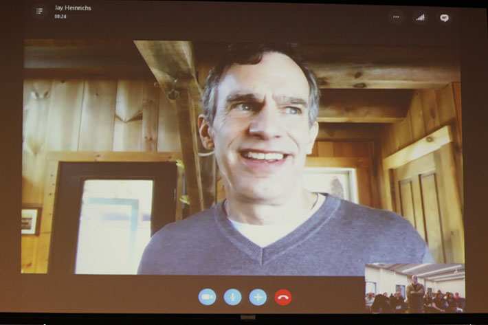 New York Times best-selling author Jay Heinrichs speaks to speech 302 students via Skype. (Photo by John Ennis)