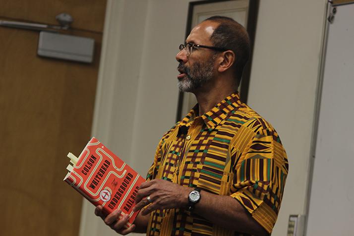 American River College history professor Rudy Pearson reads a passage from Colson Whitehead’s novel “Underground Railroad” during a College Hour on March 23, 2017. The novel details a slave girl’s life and escape from a Georgia plantation. (Photo by Mack Ervin III)