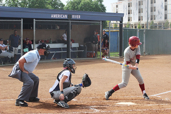 ARC catcher Alexis Logan and Sac City College infielder Taylor Fratto during a womens softball game on April 4, 2017. (Photo by John Ennis)