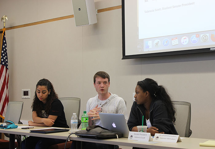 Student Senate Vice President Alejandra Hilbert, CAEB President Justin Nicholson and Student Senate President Valencia Scott at the April 20, 2017 Student Senate meeting.