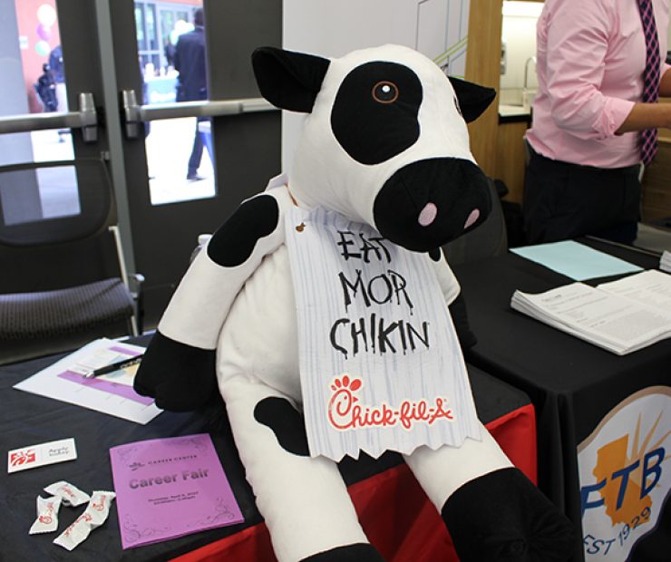 Chick-fil-a’s stuffed animal making an appearance at the ARC Career Fair.