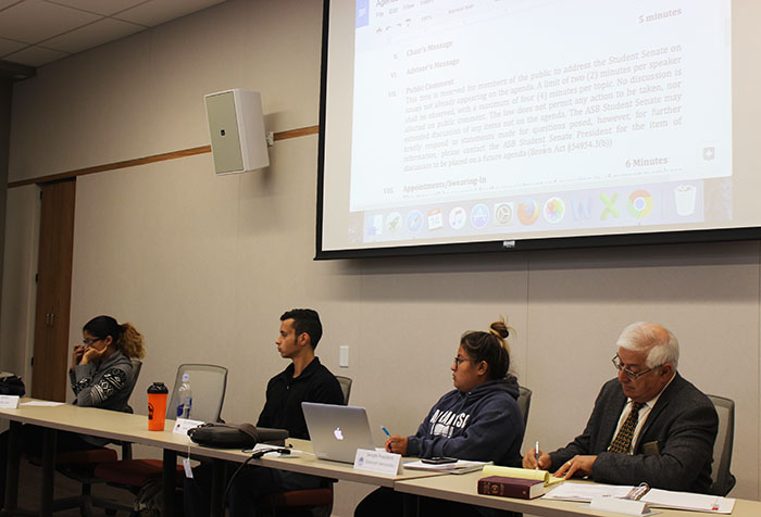 Senator Lidia Lara, Director of Finance Jesse Taylor, Student Senate President Deborah Hernandez and Parliamentarian Lorenzo Cuesta at the September 14, 2017 Student Senate meeting. (Photo by John Ennis)