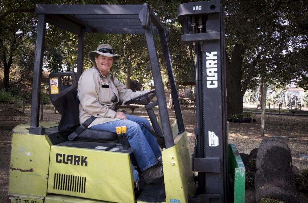 Brenda Baker drives a forklift in the Horticulture Department at American River College on Oct.10, 2017. (Photo by Ashley Hayes-Stone)