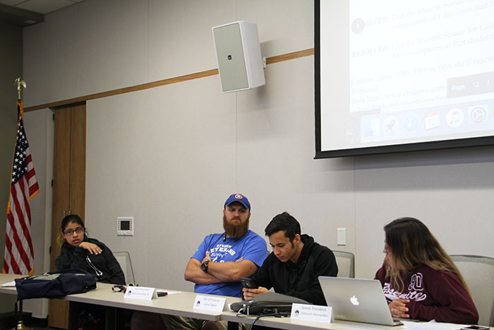 Student Senate Lidia Lara, Student Senate Vice President Earl Crouchley III, Director of Finance Jesse Taylor and Student Senate President Deborah Hernandez at the October 12, 2017 Student Senate meeting. (Photo by John Ennis)